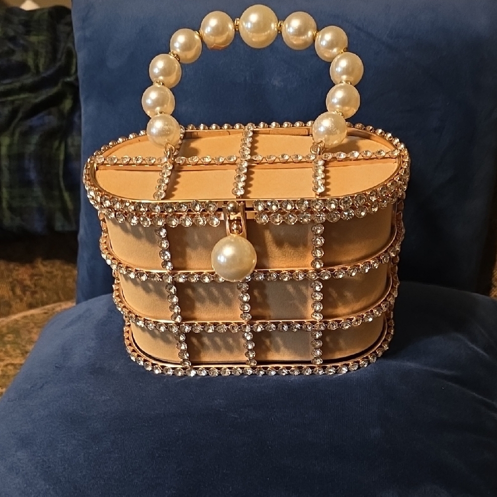 Elegant Pearl-Embellished And Rinestone Tan Handbag